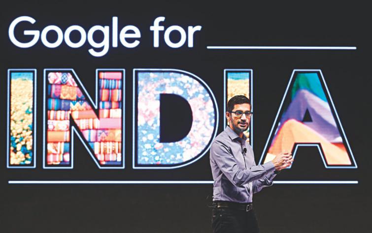  Google CEO Sundar Pichai gestures as he addresses a news conference in New Delhi, India yesterday. Photo: Reuters 