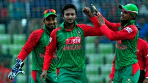 Bangladeshi ace all-rounder Shakib Al Hasan takes a wicket. 